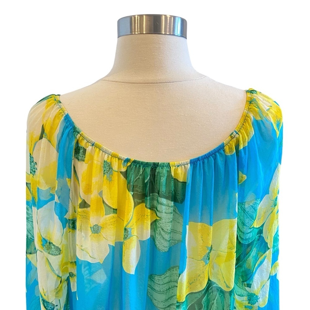 Silk Floral Hawaiian Printed Sheer Long Sleeeve Lightweight Blouse Tie Front - Picture 9 of 13